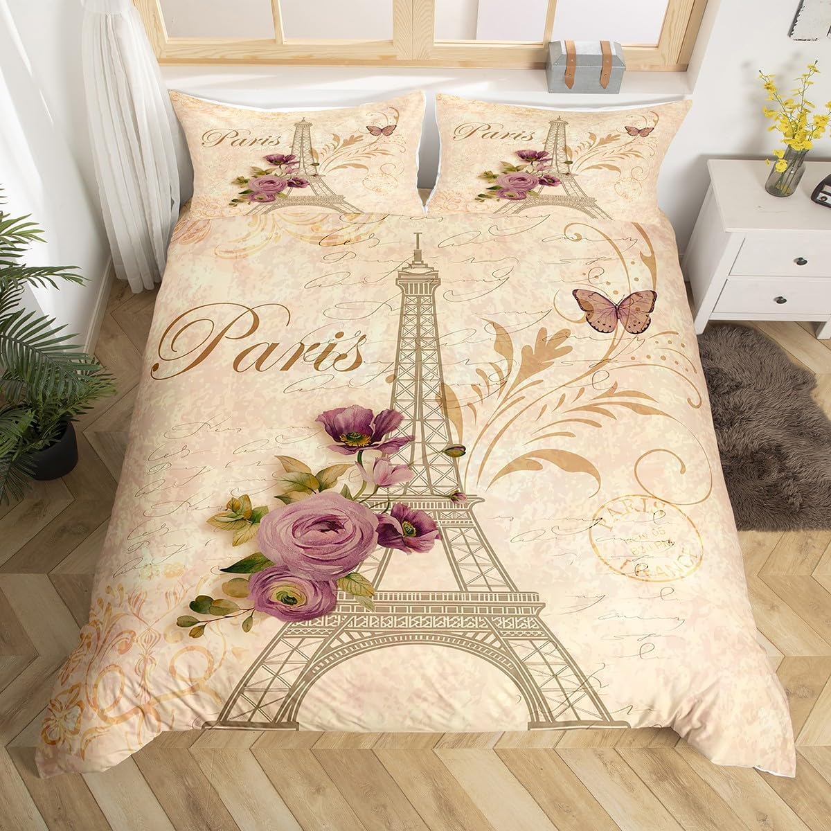 Eiffel Tower Duvet Cover Queen Size,Purple Rose Comforter Cover with 2 Pillowcase for Teens Adults,Kids Romantic Paris Bedding Set,Retro Style Breathable 3 Pieces Decorative Bed Cover(No Comforter)