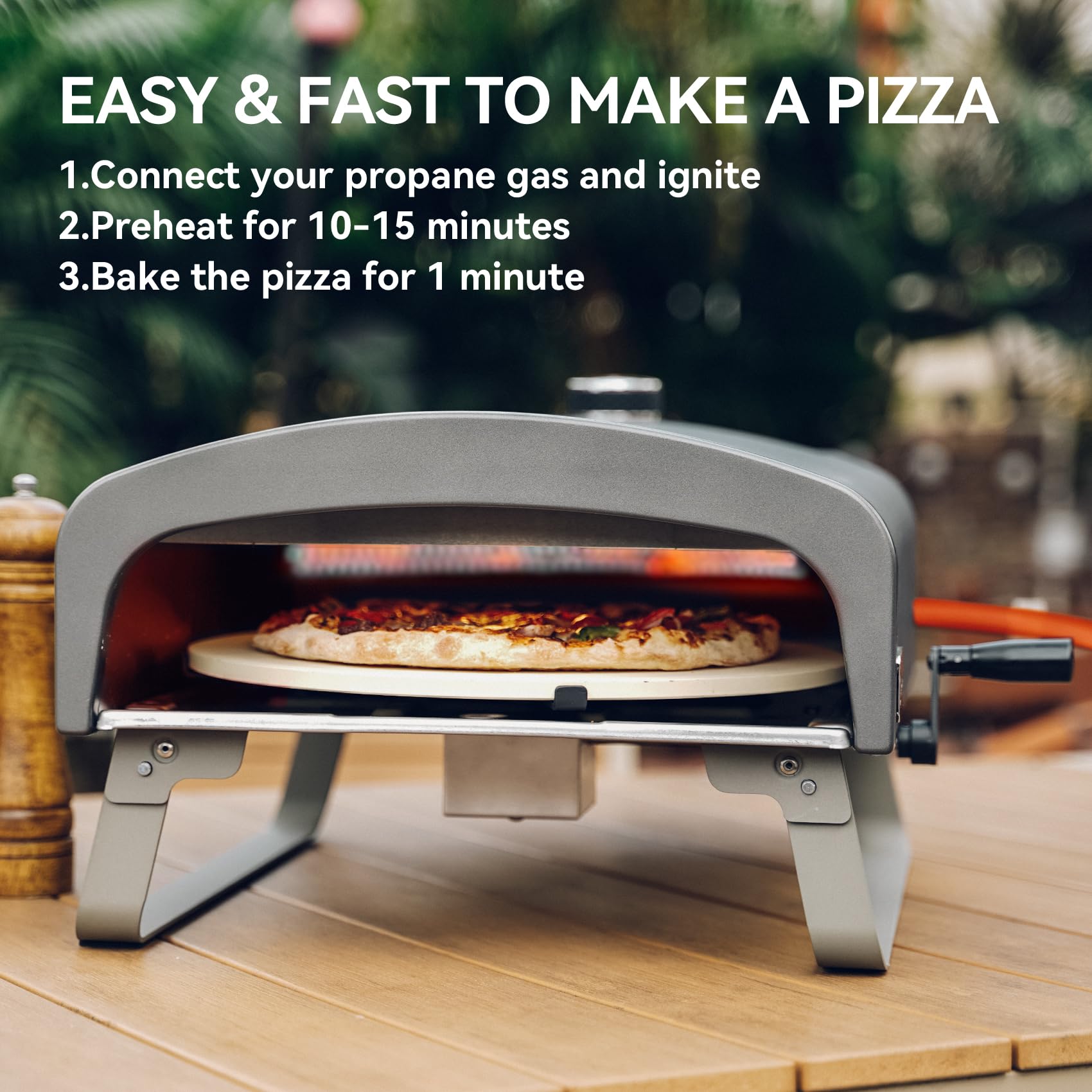 Q Pizza Gas Pizzaofen mit Manueller Drehfunktion, 500 Grad Pizza Grill für Outdoor Garten mit ⌀33 cm Pizzastein, Backen Sie Pizza auf Profi-Niveau in Ihrer Kontrolle
