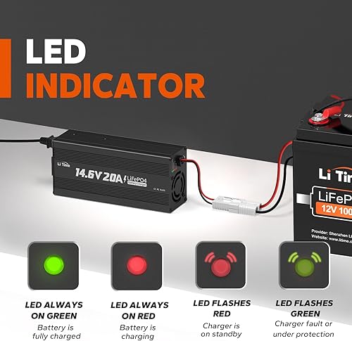 Miniatura 3 de LiTime LiFePO4 Cargador de batería 12V 20A, 14.6V LiFePO4 Cargador de baterías AC-DC para baterías recargables de ciclo profundo LiFePO4 de litio