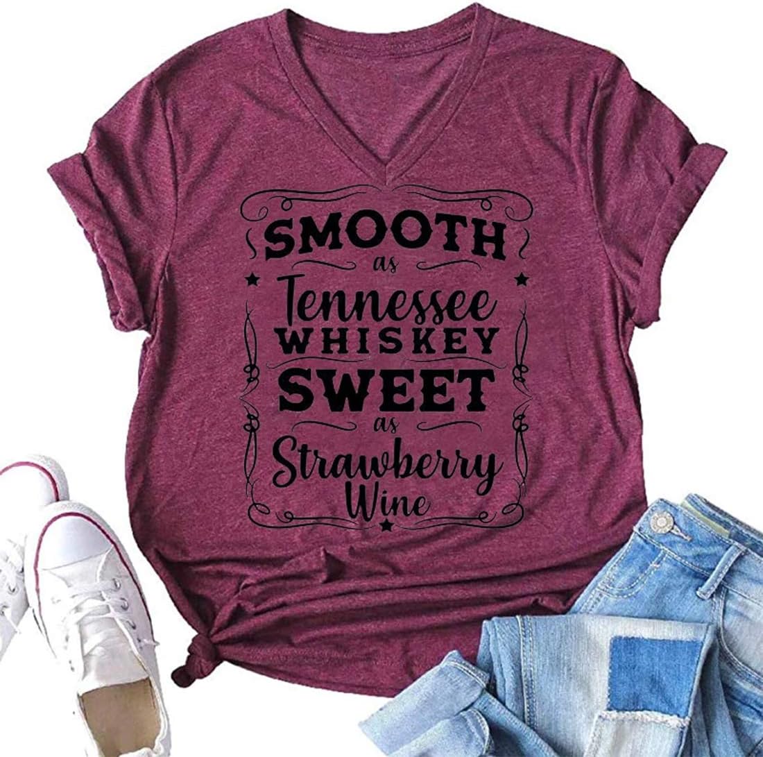 EXMIUNSmooth as Tennessee Whiskey Sweet as Strawberry Wine Shirt Women Country Music Tee Letter Print Drinking T-Shirt