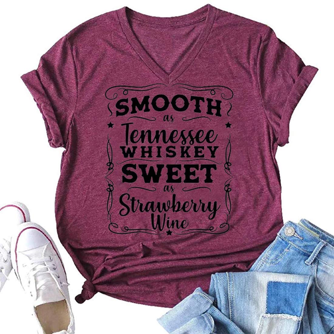 EXMIUNSmooth as Tennessee Whiskey Sweet as Strawberry Wine Shirt Women Country Music Tee Letter Print Drinking T-Shirt
