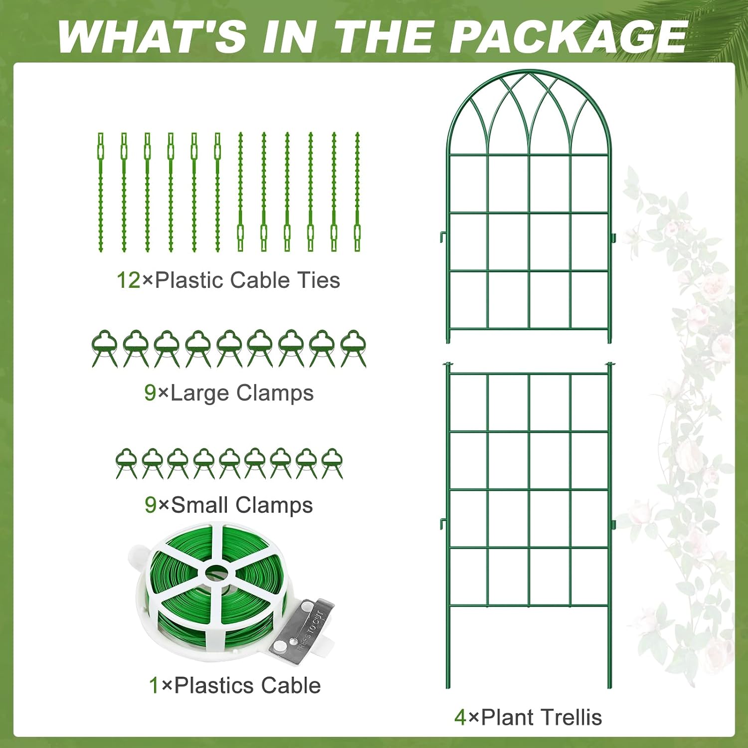 DoCred 4 Pack Garden Trellis for Climbing Plants, 71 Inch Metal Plant Trellis for Plant Support, Large Decorative Outdoor Trellis for Climbing Vegetable Flower Rose Vine Cucumber, Green