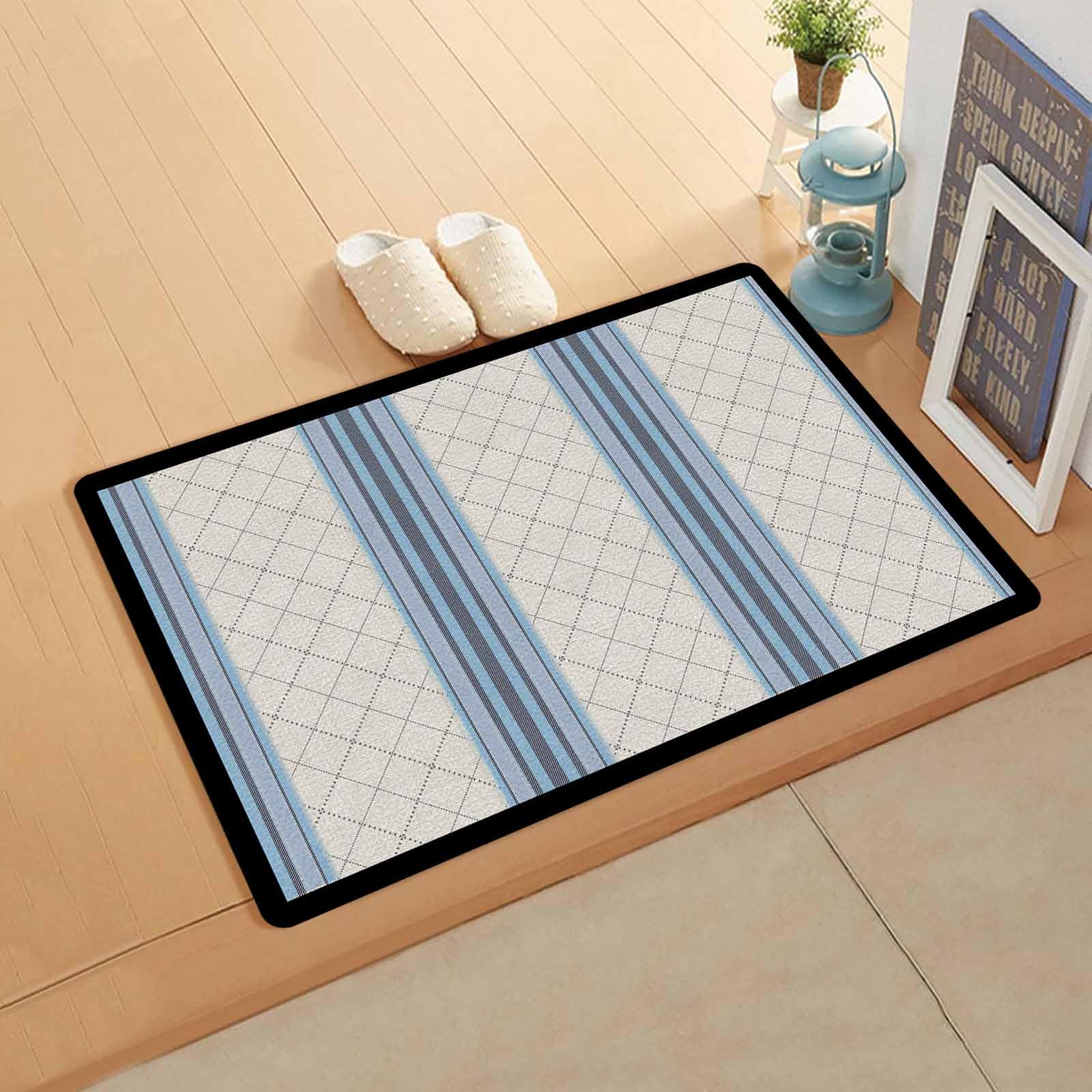 Geometric Blue Antifatigue Kitchen Bath Door Mat Cushioned Runner Rug,Washable Welcome Floor Sink Mat,Waterproof & Non-Slip Standing Doormat for Kitchen,Beige Lattice Stripes Country Farmhouse 18