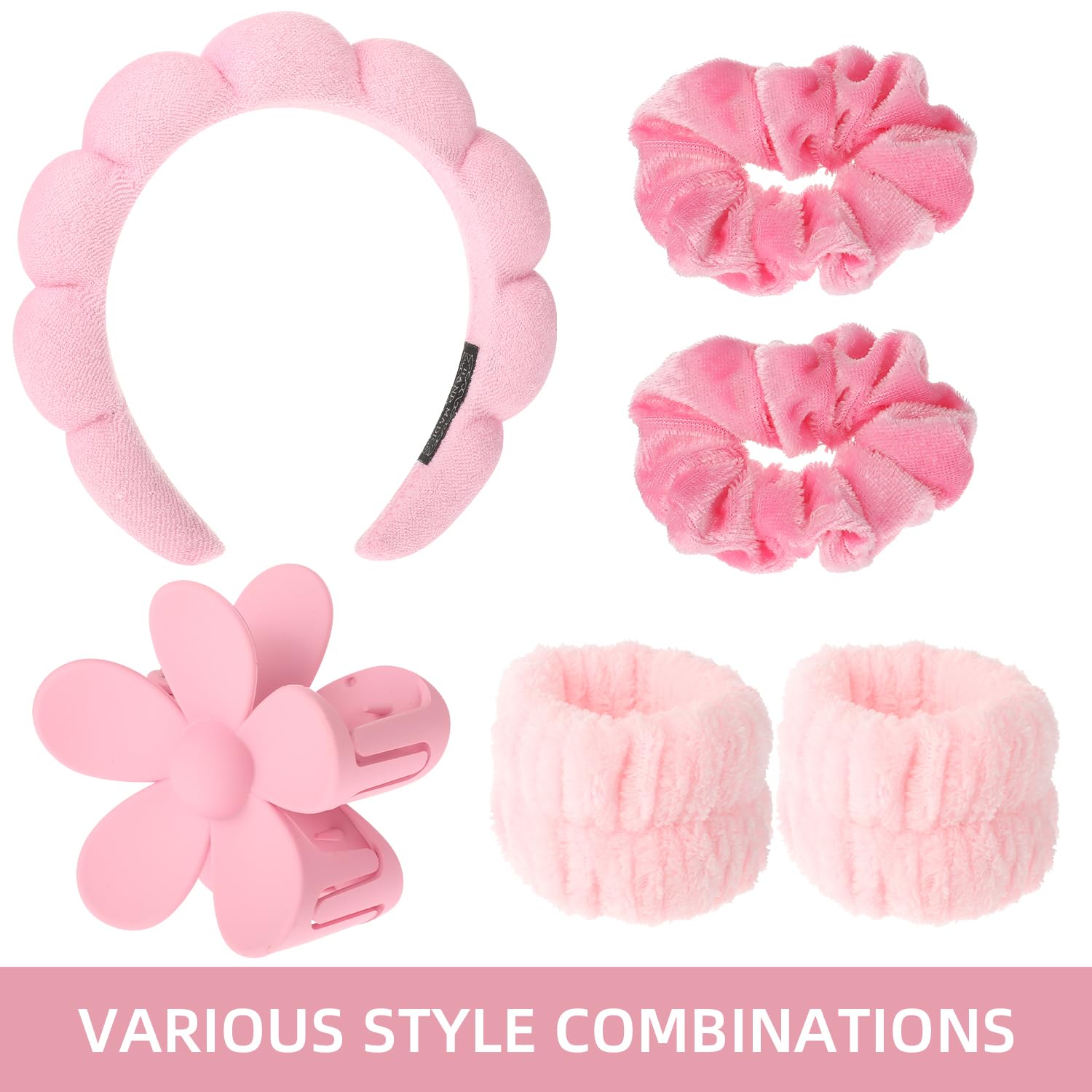 ARubyForest Spa Headband Set, Pink, 6pcs (2x Wristbands, 1x Headband, 2x Scrunchies, 1x Hair Clip), Unisex Adult, Female - Image 2