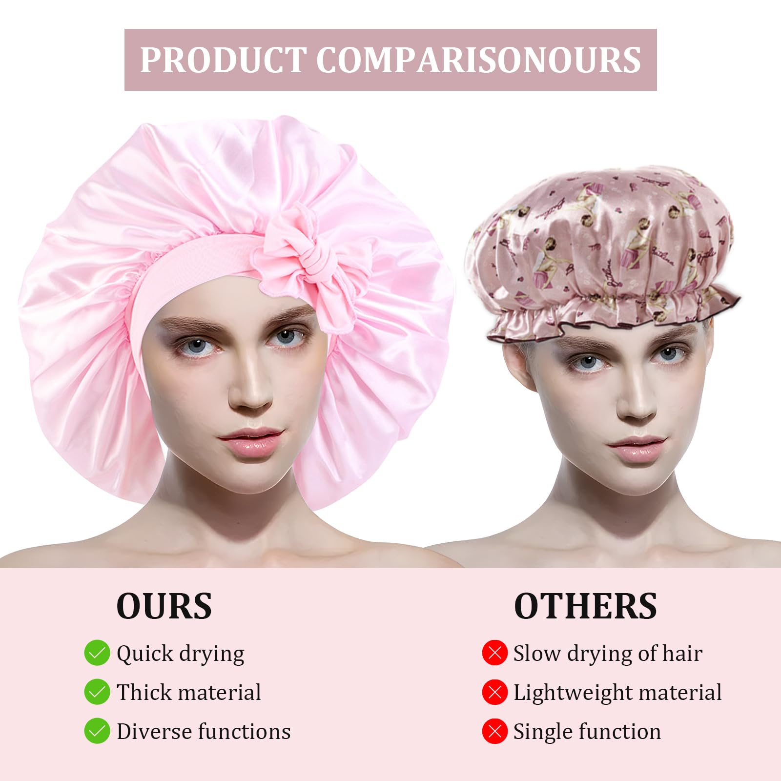 RVLZKCPG Pack of 2 Silk Bonnet for Sleeping Adjustable Silk Bonnet with 2 Hair Elastics, Wide Satin Hair Cap for Night Black, Pink - Image 4