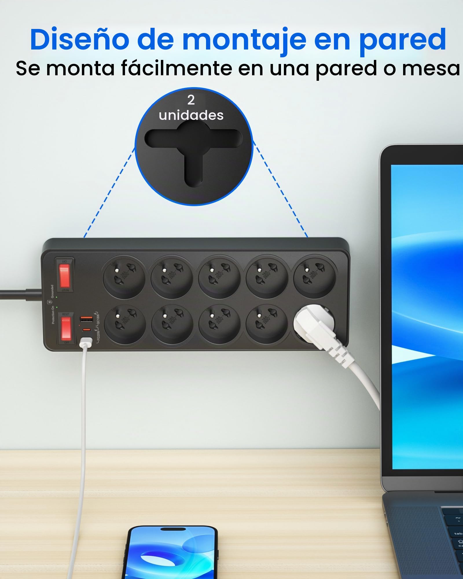 Regleta Enchufes con 10 Tomas Francesas
