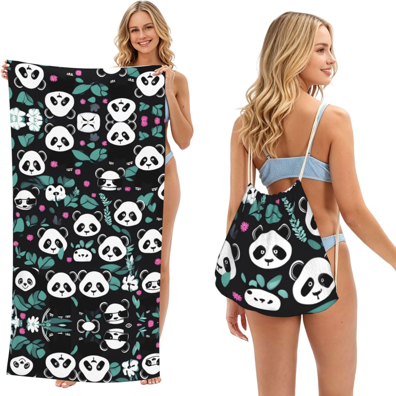 SXZVVBN Panda cute face 2-in-1 Beach Towel Bag, Quick Dry Sand Free Travel Towel Backpack for Adults