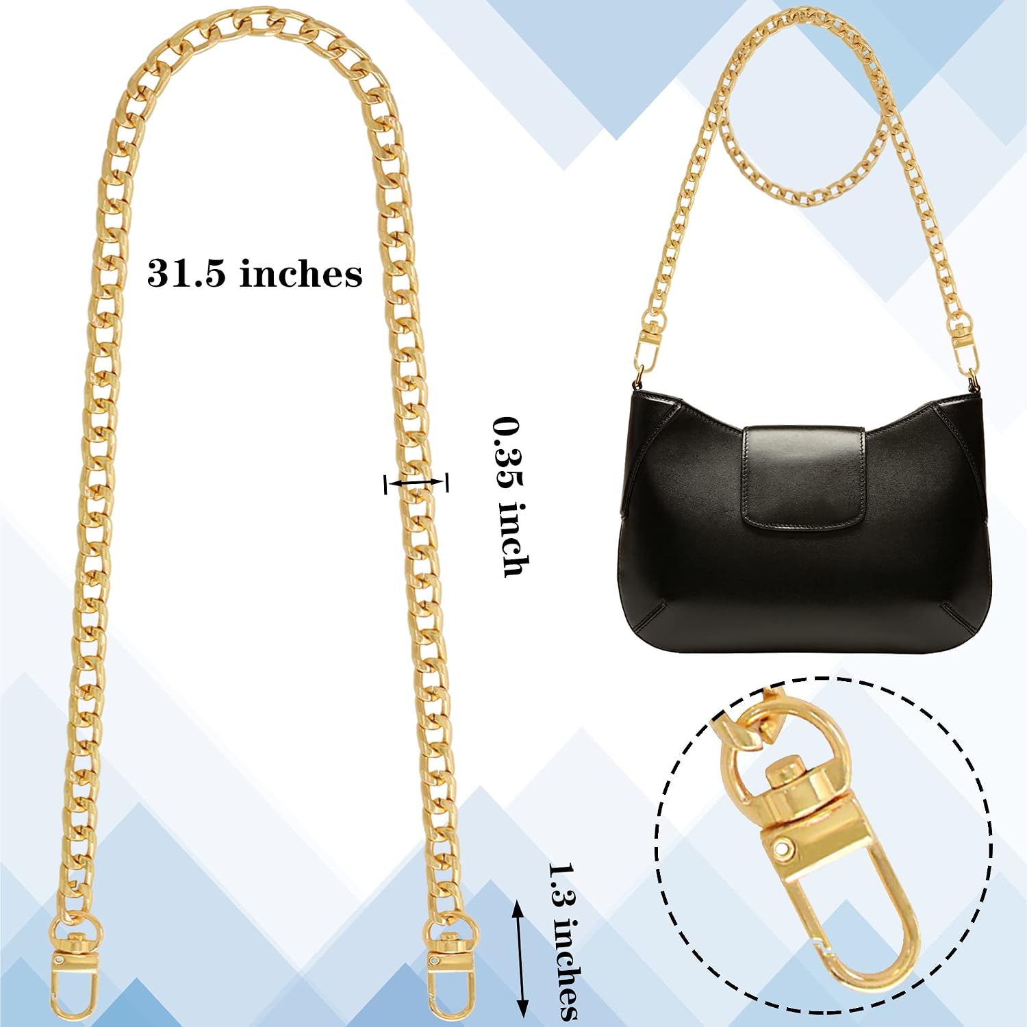 1 Pack Flat Purse Chain Iron Bag Link Chains Shoulder Straps Chains with Metal Buckles Hook for Replacement, DIY Handbags Crafts, 31.5 Inches/80cm(Gold) image 2