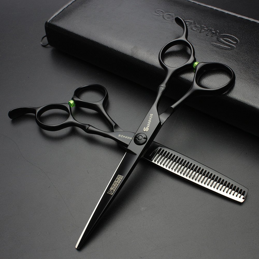 6 pulgadas de titanio corte de pelo negro tijeras profesional tijeras de peluquería corte de pelo de acero inoxidable herramienta de 440c (scissors set)