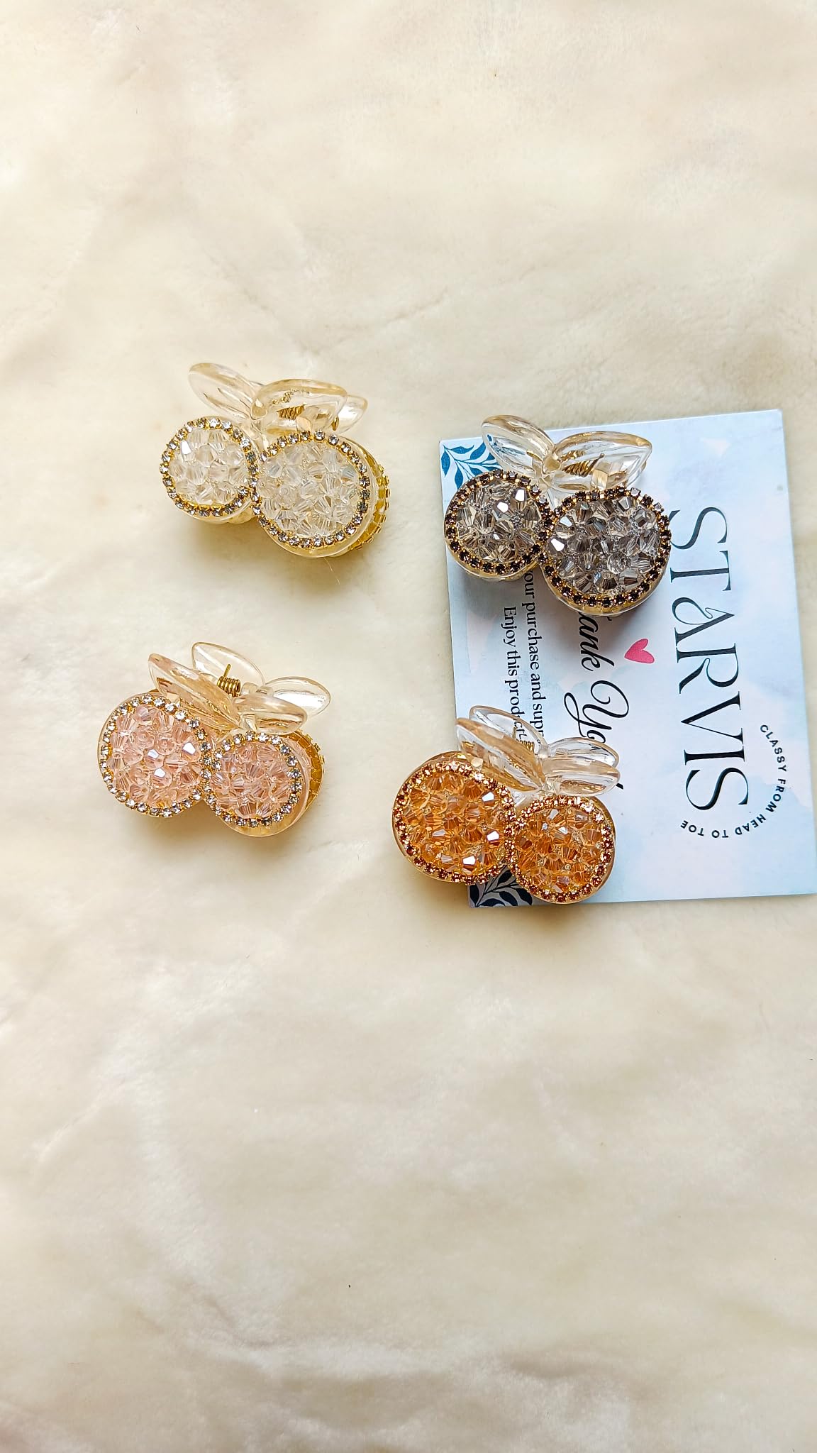 Starvis Cute Crystal 4pcs Cherry Hair Claw For Woman Kids Fashion Small Plastic Hairpin Accessories Korean Bling Crystal Rhinestone Girl Mini Hair Clip For Wedding,Party,Gifting (Round-BP-Rect-PW)
