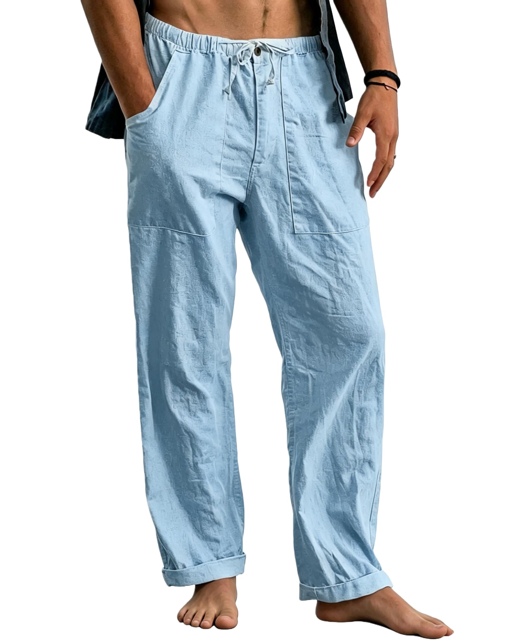 Cegerne Pantaloni in Lino Uomo Lunghi Leggeri, Pantaloni Estivi Casual con Vita Elastica e Coulisse, per Spiaggia Vacanze Medievale Vintage e Uso Quotidiano