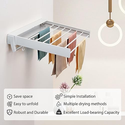 Miniatura 4 de Estante de secado montado en la pared, plegable de aluminio, capacidad de 88 libras, estante de lavandería plegable para secar ropa (blanco)