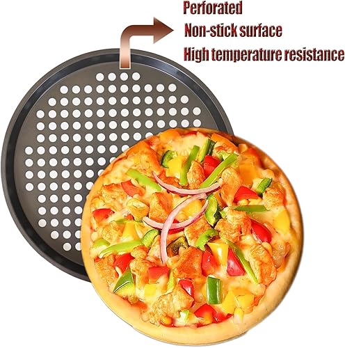 Miniatura 3 de Paquete de 2 sartenes para pizza con agujeros, bandeja de pizza para horno, sartenes perforadas de acero al carbono, molde redondo antiadherente