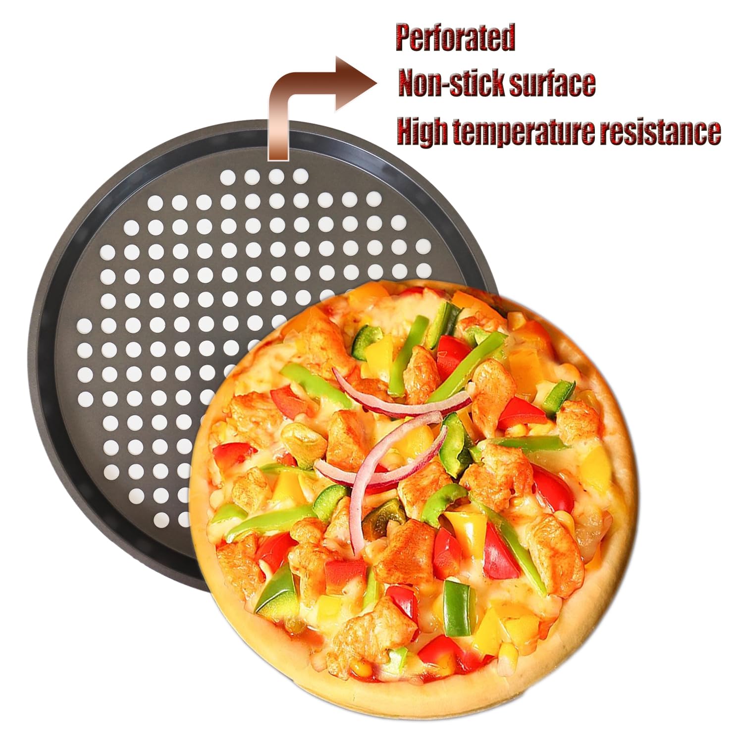 Paquete de 2 sartenes para pizza con agujeros, bandeja de pizza para horno, sartenes perforadas de acero al carbono, molde redondo antiadherente para pizza congelada y casera, cocina casera, 3