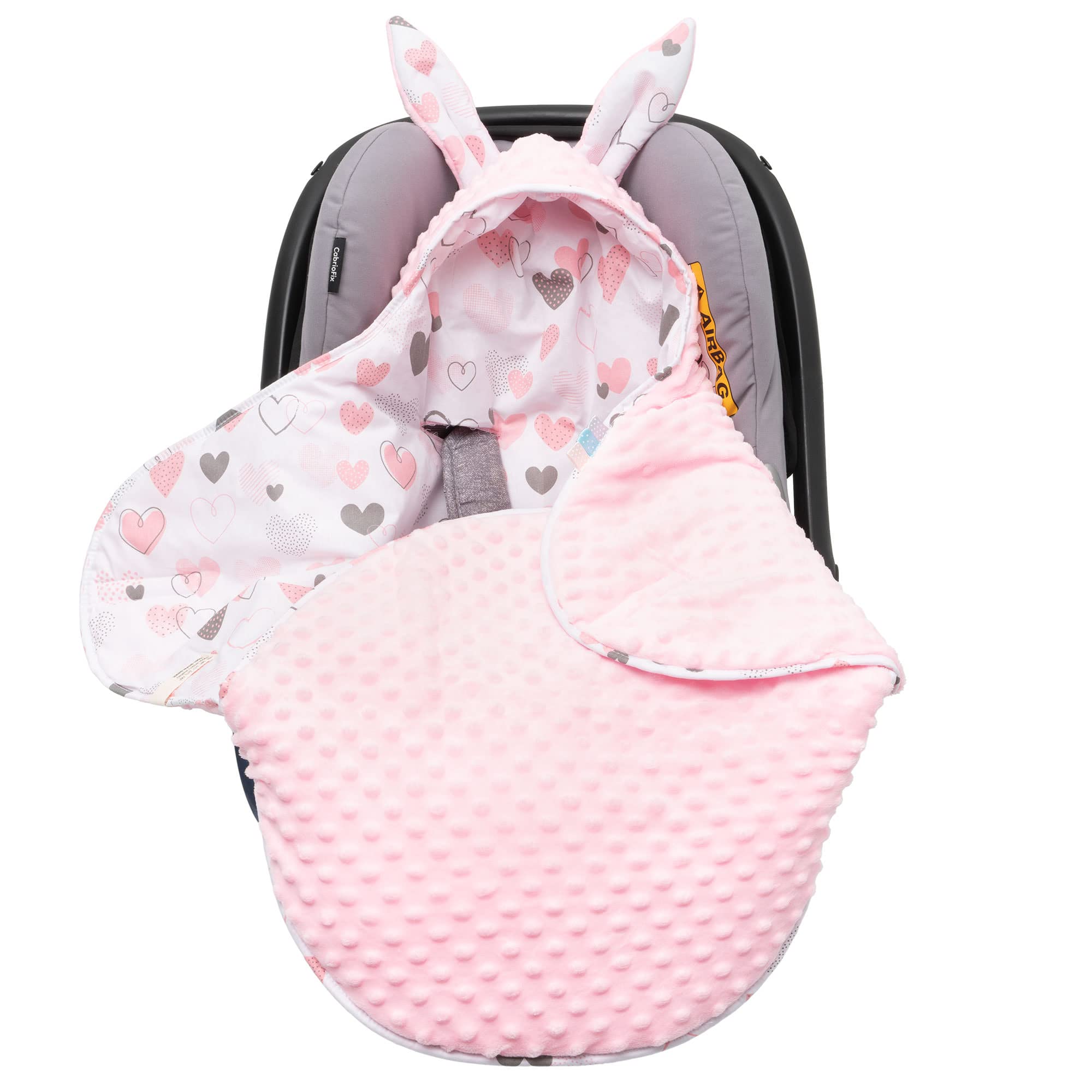Mikos* Einschlagdecke für Babyschale Winter Kinderwagendecke, Fußsack Neugeborenes und Baby - Soft Minky und 100% Baumwolle, mit Füllung Kinderwagen Buggys z.B.Maxi Cosi 3 Punkt Gurt (37) (Rosa)