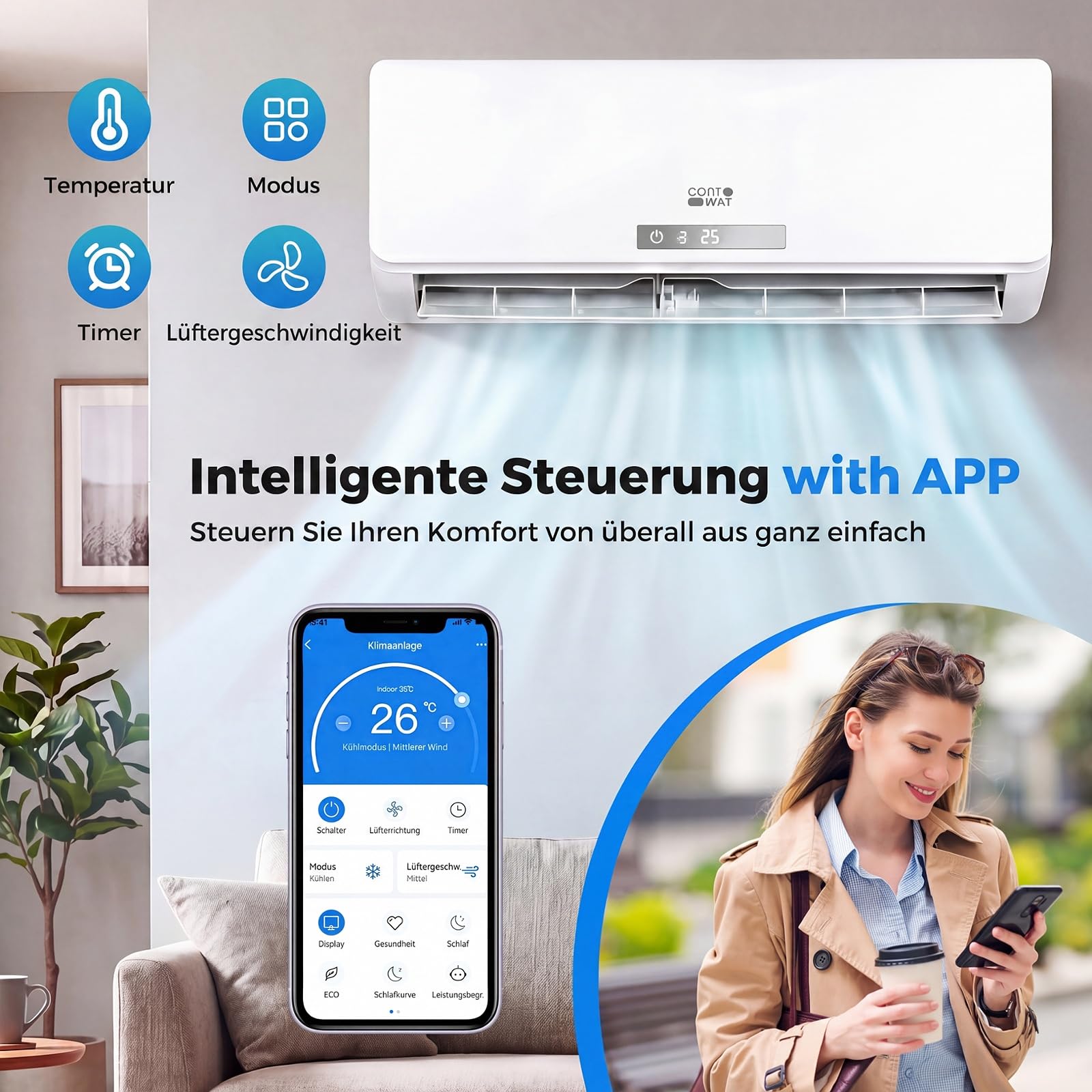 COSTWAY Klimaanlage Split 12000BTU, 3,4kW | Klimagerät leise mit Heizfunktion, WiFi & App & R32 Kältemittel, Klimasplittgeräte inkl. Montagematerial, Air Conditioner