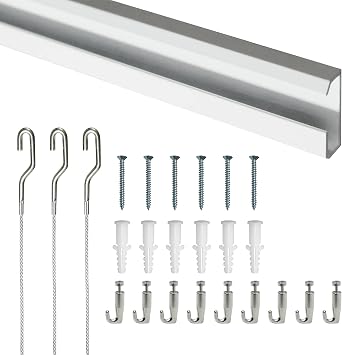 PHS Picture Rail Hanging System 79 Inches Art Gallery Wall Kit with Aluminum Track, Steel Cables & Adjustable Hooks| Professional Picture Hanging Rail for Art Frames & Paintings up to 154 lbs -1 Pack