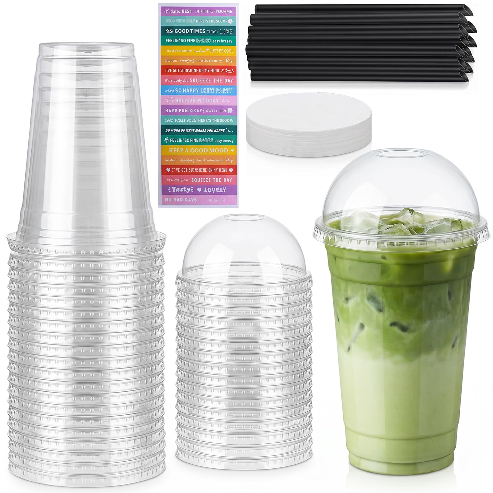 RAINPOP 100 pcs Clear Plastic Cups with Dome Lids, 16oz / 500ml Smoothie Cups, BPA-Free PET Cold Drink Cups for Iced Coffee, Tea, Smoothie, Ice Cream, Milkshakes, etc. Fits Most Car Holders