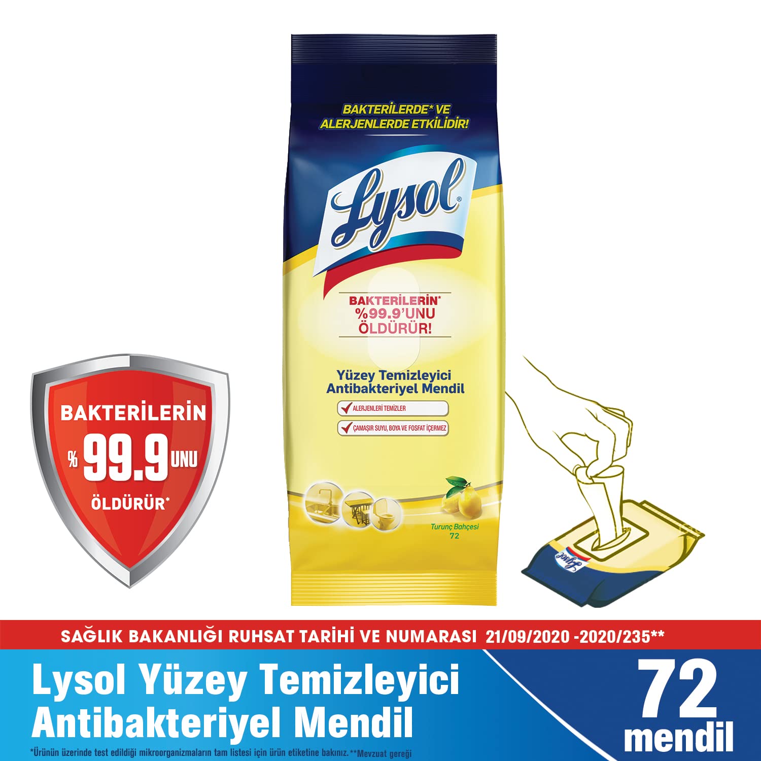 Lysol Pratik Yüzey Temizleyici Antibakteriyel Islak Mendil Turunç Bahçesi (1 x 72 adet)