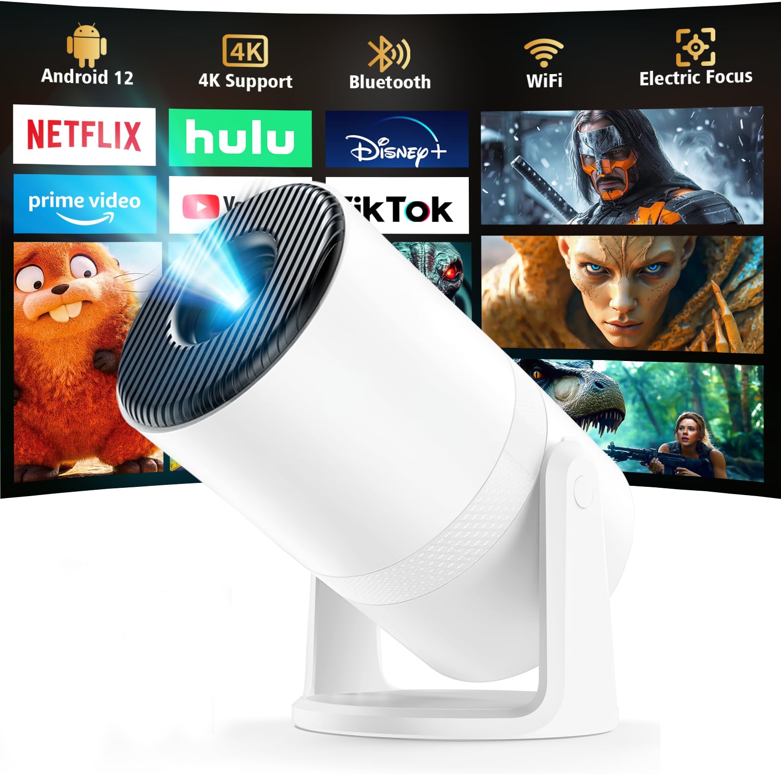 Tecaki Projector【Built-in App | Electric Focus】 1080P with WiFi6 and Bluetooth5.4, Mini Projector 180° Rotatable, Auto Keystone, Short Throw Portable Projector Compatible with HDMI, USB, Smartphone