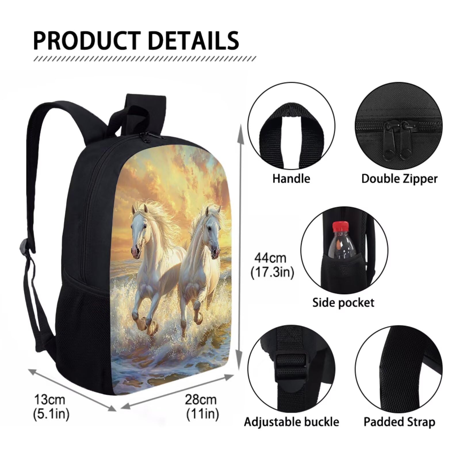 Juego de mochila escolar y bolsa de almuerzo para niños, con estuche para lápices, funda para botella de agua, Caballo blanco, Talla única