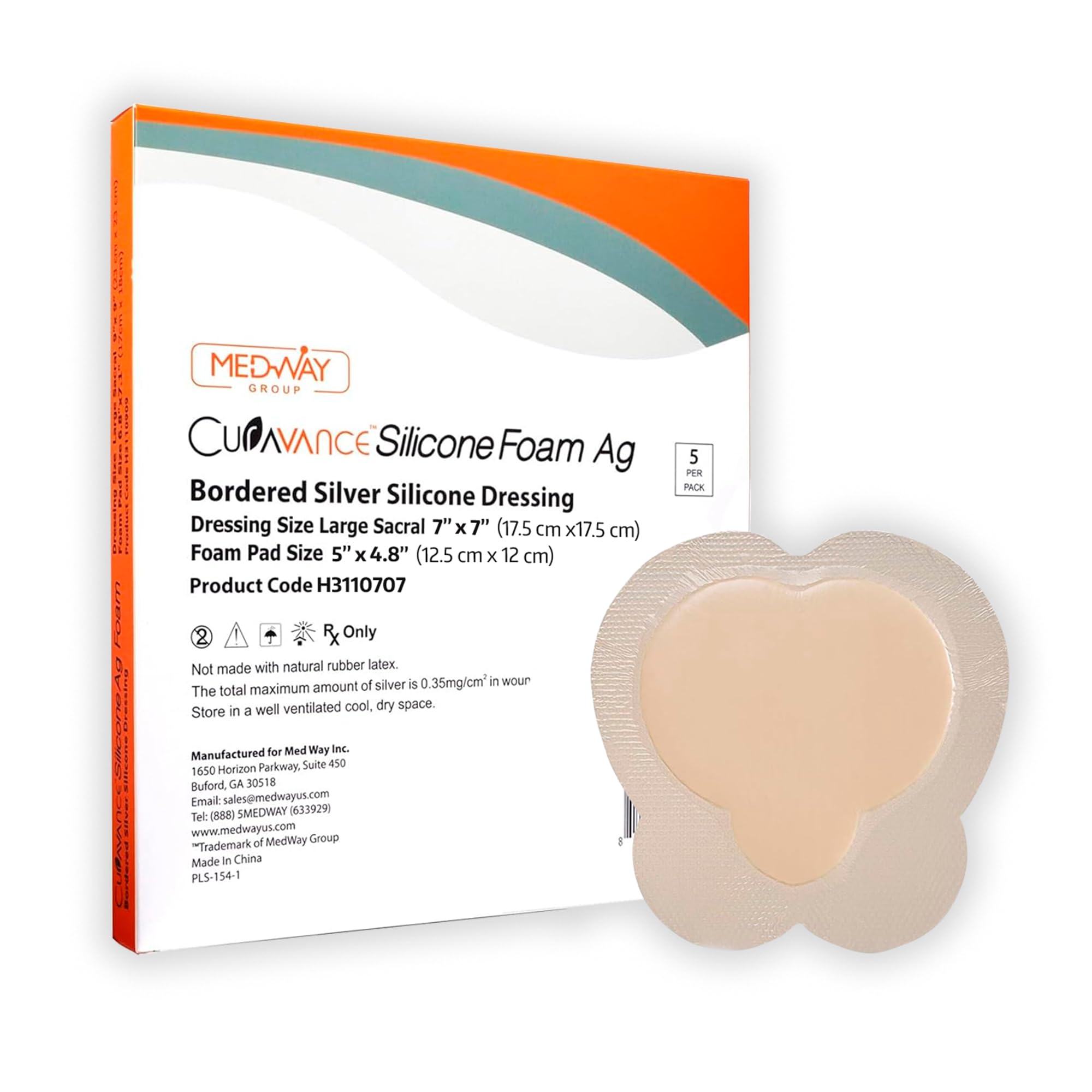 MedVance Bordered Silver Silicone Ag Sterile Highly Absorbent Dressing, Sacral, Sacrum, 7"x 7" (4.9" x 4.7" Pad) 5 dressings, 5 Count (Pack of 1)