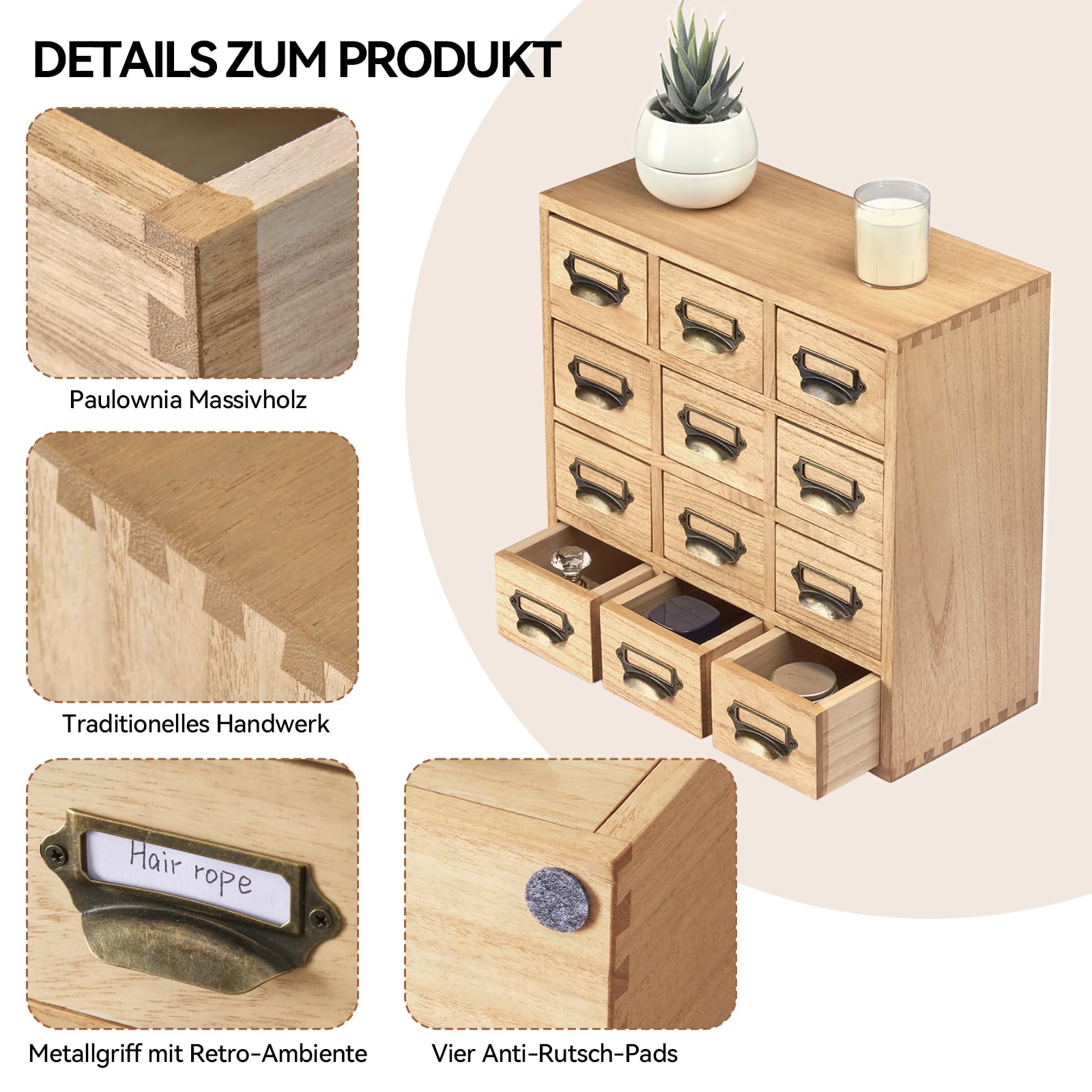 KIRIGEN Schubladenbox aus Paulownia-Holz, 12 Schubladen, Mini-Kommode mit Metallgriffen, Schreibtisch-Organizer für Kleinteile, Büro und Zuhause, 37,5 x 37 x 18,5 cm, Natur