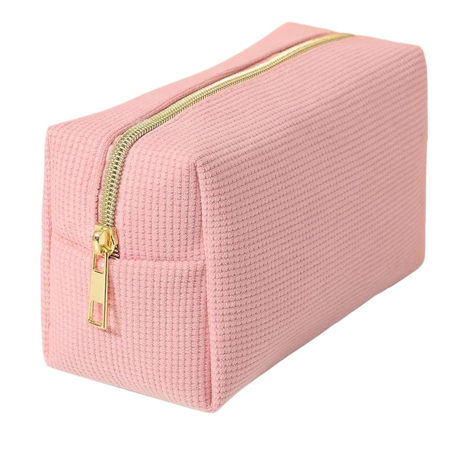 Pink Textured Corduroy Cosmetic Bag with Gold Metal Zipper, Durable Travel Toiletry Pouch for Women's Makeup