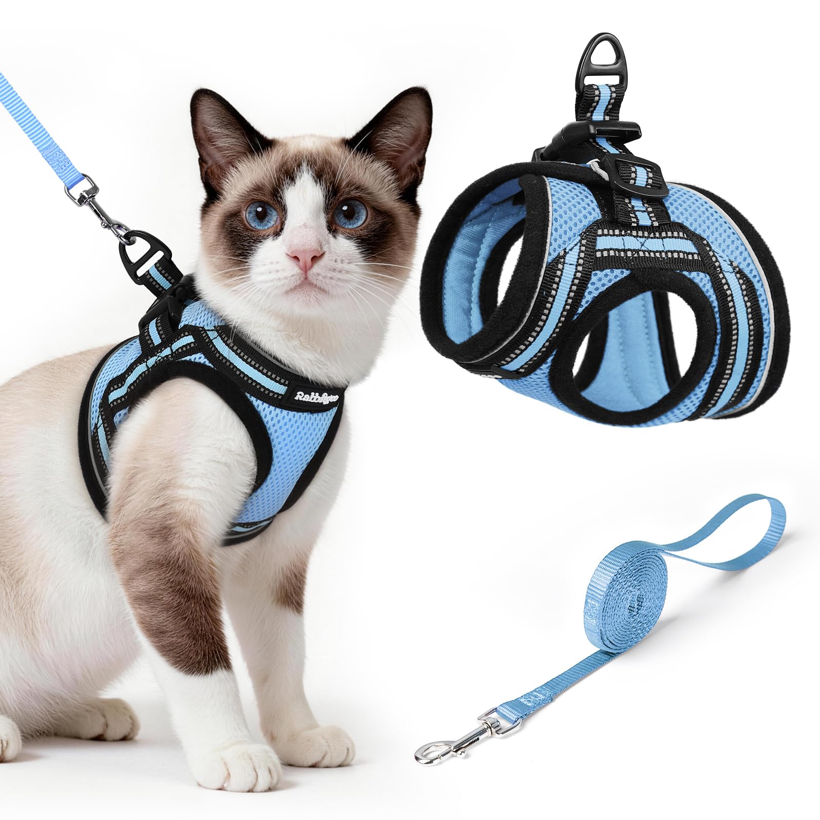 rabbitgoo Cat Harness and Lead Set, Escape Proof Cat Vest with Leash, Soft Comfortable Step-in Kitten Harness, Adjustable and Reflective for Safe Easy Walking, Light Blue, Large