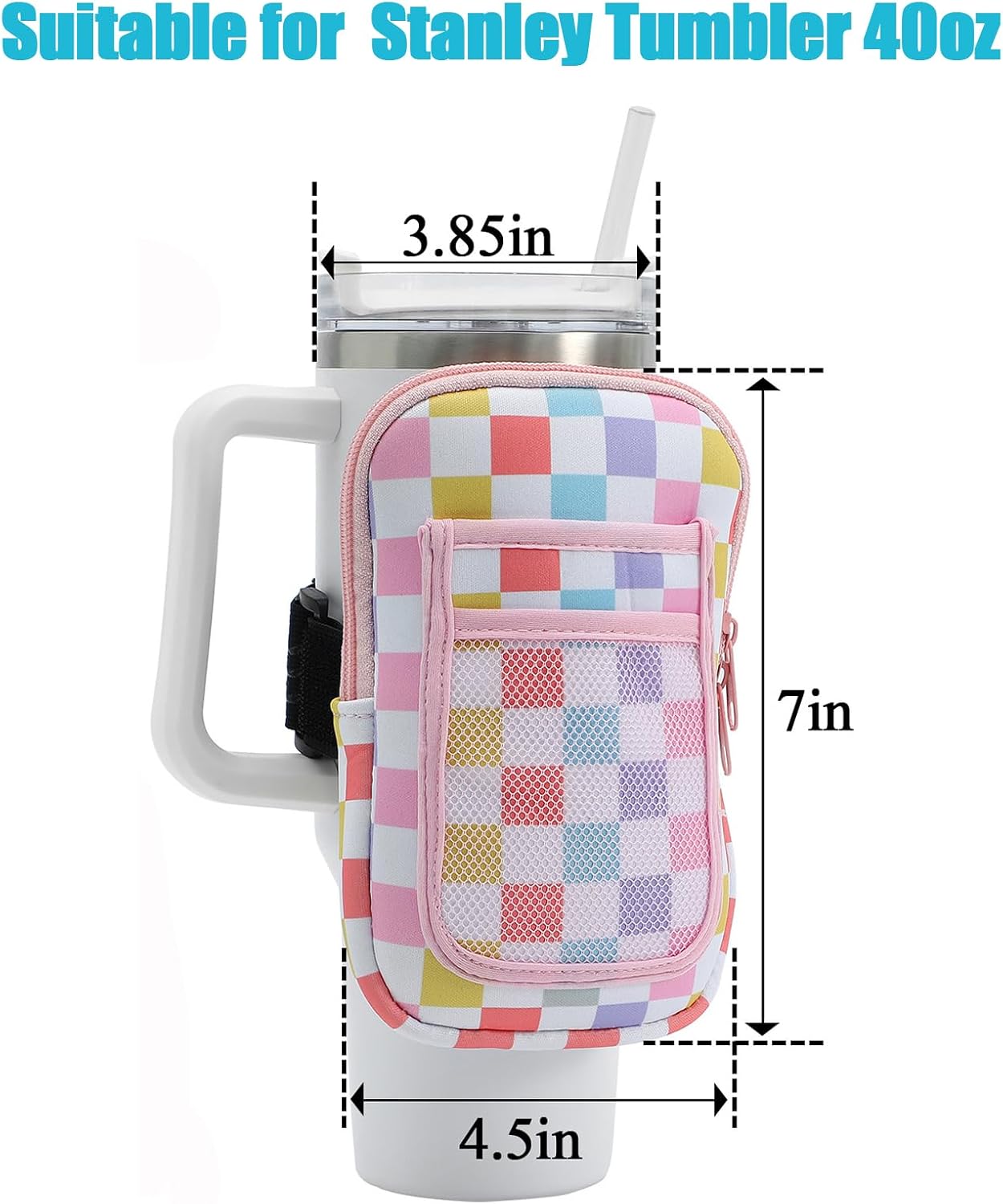 MONOBLANKS Large Water Bottle Pouch for Stanley Tumbler 40oz,Gym Tumbler Cup Accessories for Women Storage Sleeve Pocket for Walking, Running, Sports（Multi Plaid-Large） image 4