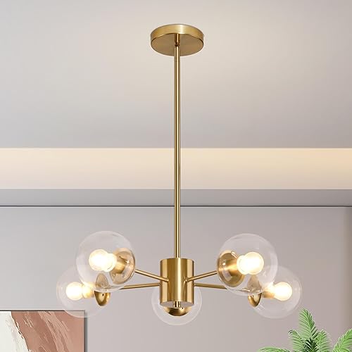 Candelabro Sputnik de globo de 5 luces, candelabros Sputnik dorados de mediados de siglo, luz colgante de globo regulable, latón cepillado acabado