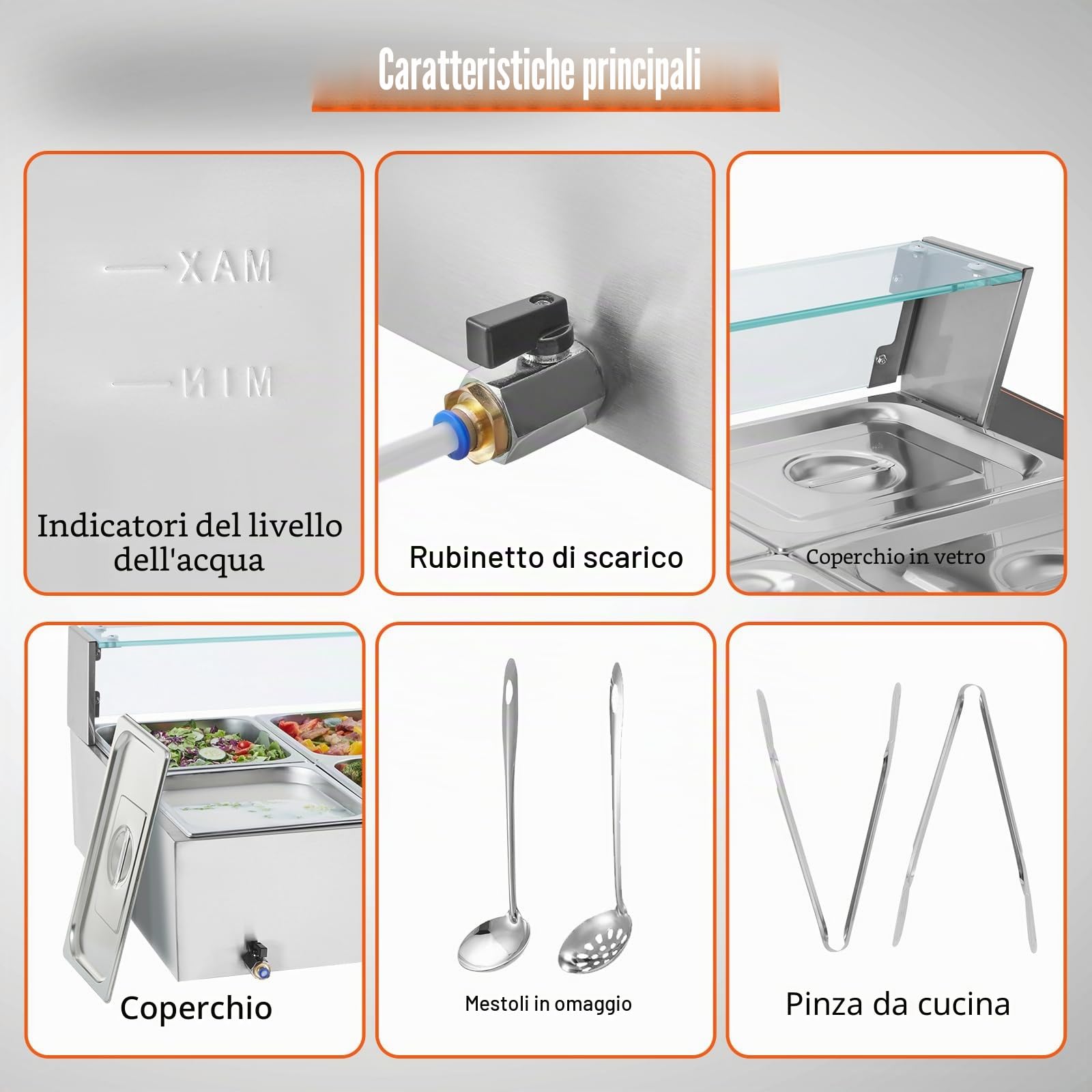 VEVOR Scaldavivande Commerciale con 8 Recipienti (8,8 L / 1/2 Dimensioni Ciascuno) Tavolo a Vapore Elettrico con Copertura in Vetro 1700 W Scaldavivande da Tavolo, Controllo della Temperatura 30-85 °C