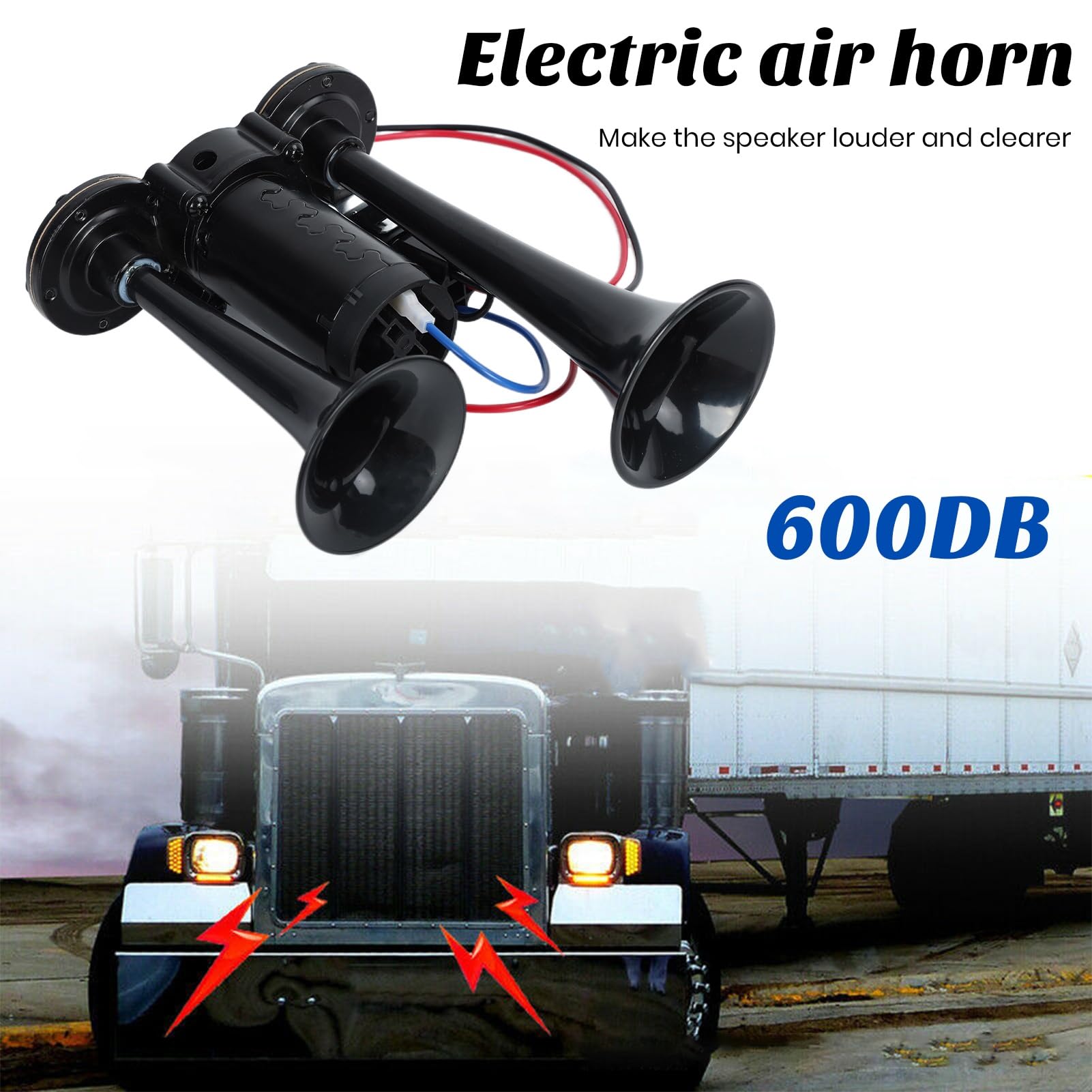 Klaxon à air 12 V 600 dB, super puissant avec compresseur, double trompette pour camion, train, voiture, camionnette, noir (24 V)