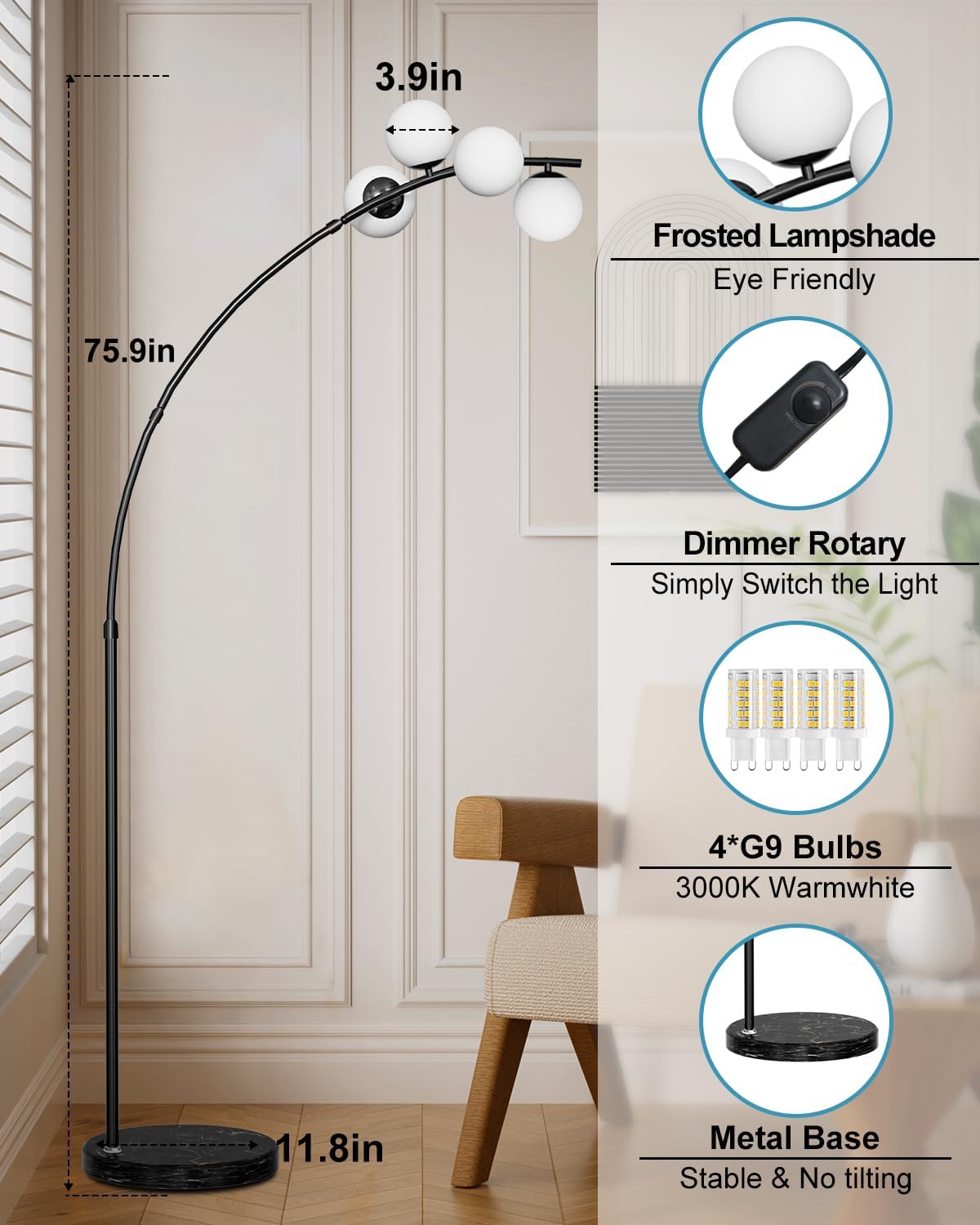 Lightdot Black Arc Floor Lamp for Living Room, 4 Globe Floor Lamp with Shatterproof Shade& Mable Base, Mid Century Modern Tall Standing Lamp for Bedroom/Sofa Beside/Corner Decor(Bulbs Included)