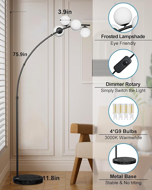 Lightdot Black Arc Floor Lamp for Living Room, 4 Globe Floor Lamp with Shatterproof Shade& Mable Base, Mid Century Modern Tall Standing Lamp for Bedroom/Sofa Beside/Corner Decor(Bulbs Included) by Lightdot - Used condition - Image 4