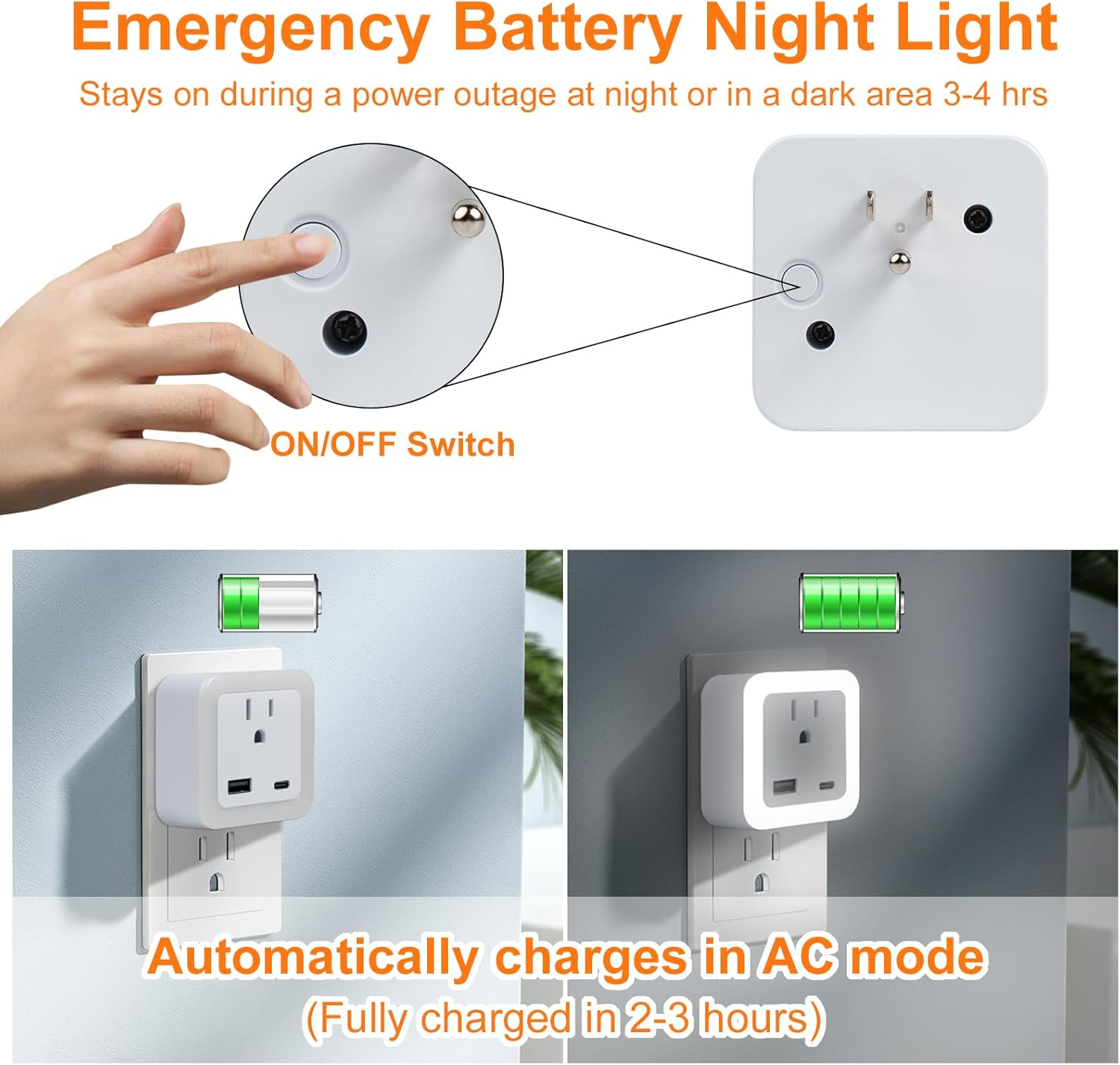 Night Lights Plug Into Wall 2 Pack Rechargeable Battery Backup Light Dusk to Dawn Sensor Night Light with Outlet Expander for Adults Kids Bedroom, Kitchen, and Bathroom (2, cool white, 5000K)