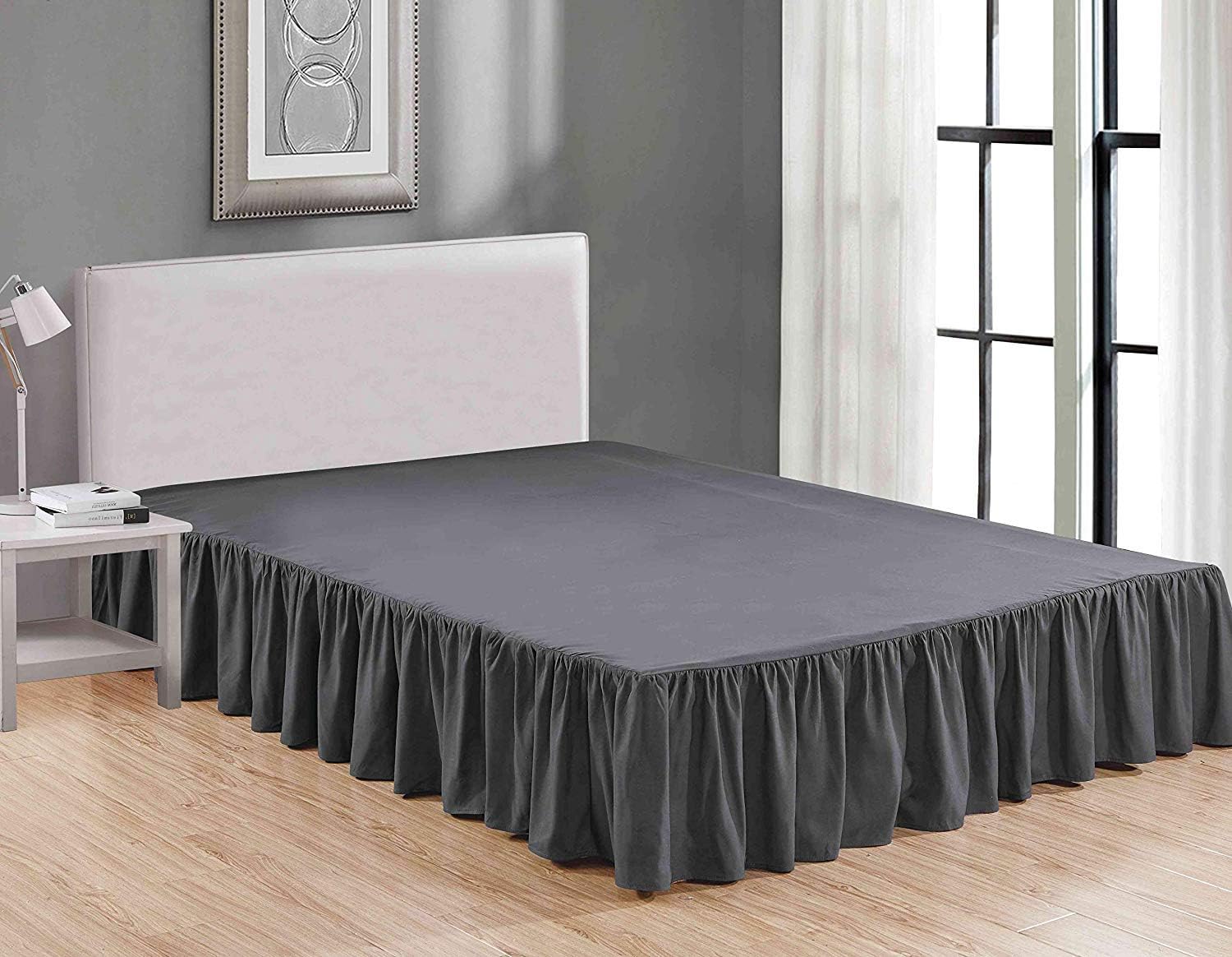 Dark Grey Solid King Ruffled Bed Skirt 10 Inch Drop Split Corner with Platform Bed Skirt Easy Fit Gathered Style, 3 Sided Ruffle Bed Skirt King Size Dark Grey