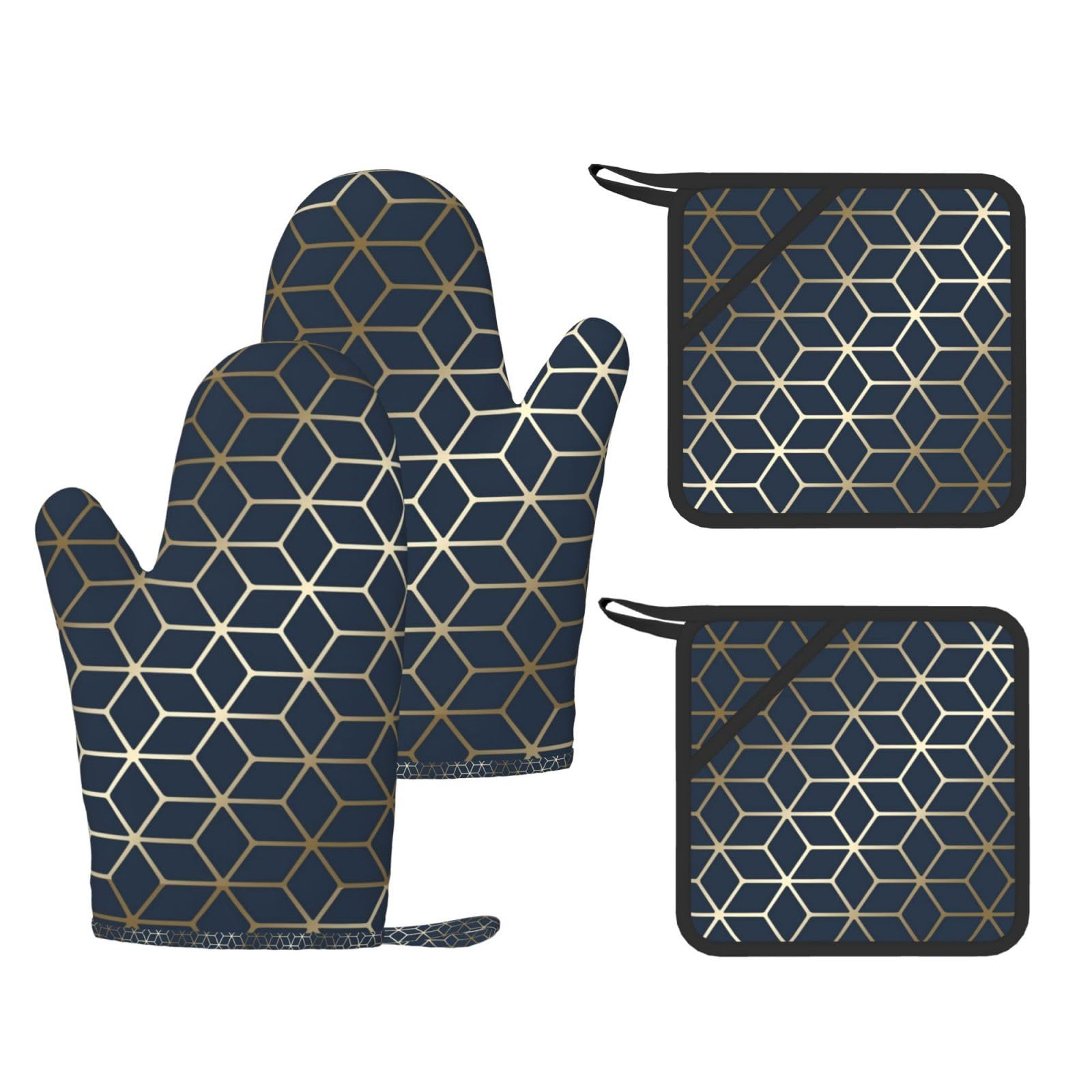 Juego de Cuatro Piezas de Guantes y Manoplas Resistentes al Calor para Hornear, Guantes de Cocina Antideslizantes, Manoplas para Horno de Cocina, Azul Marino y Dorado.