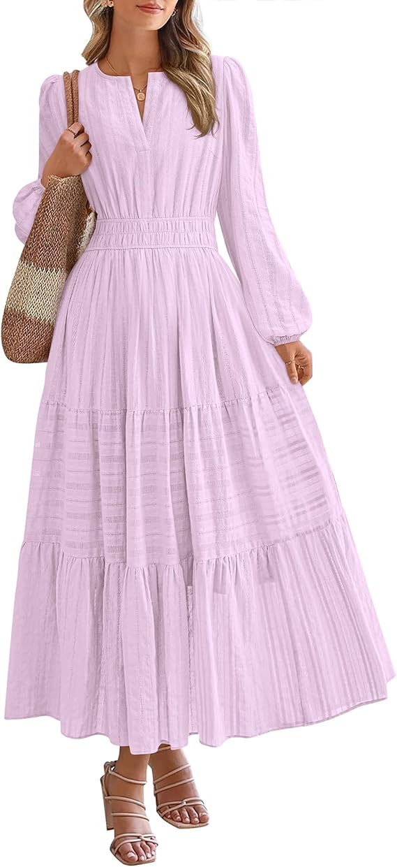 BTFBM Fall Dresses for Women 2025 Casual Long Sleeve V Neck Elastic Waist Lightweight Maxi Wedding Guest Dress Pockets