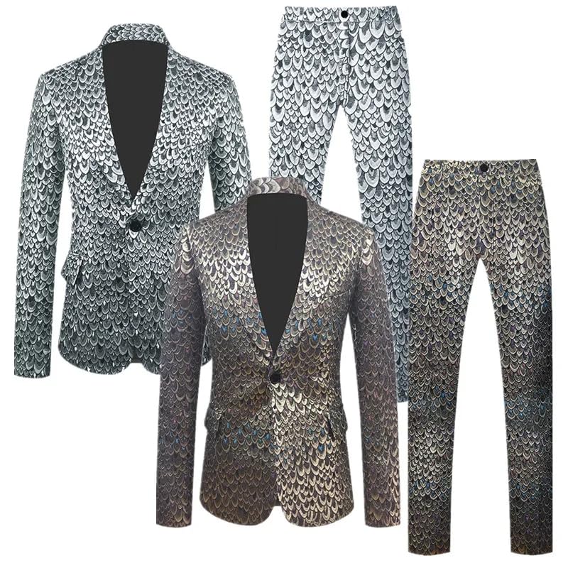 Classic Fish Scale Jacquard Suit Autumn Men's Wedding Ball Party Stage Dress Clothes2