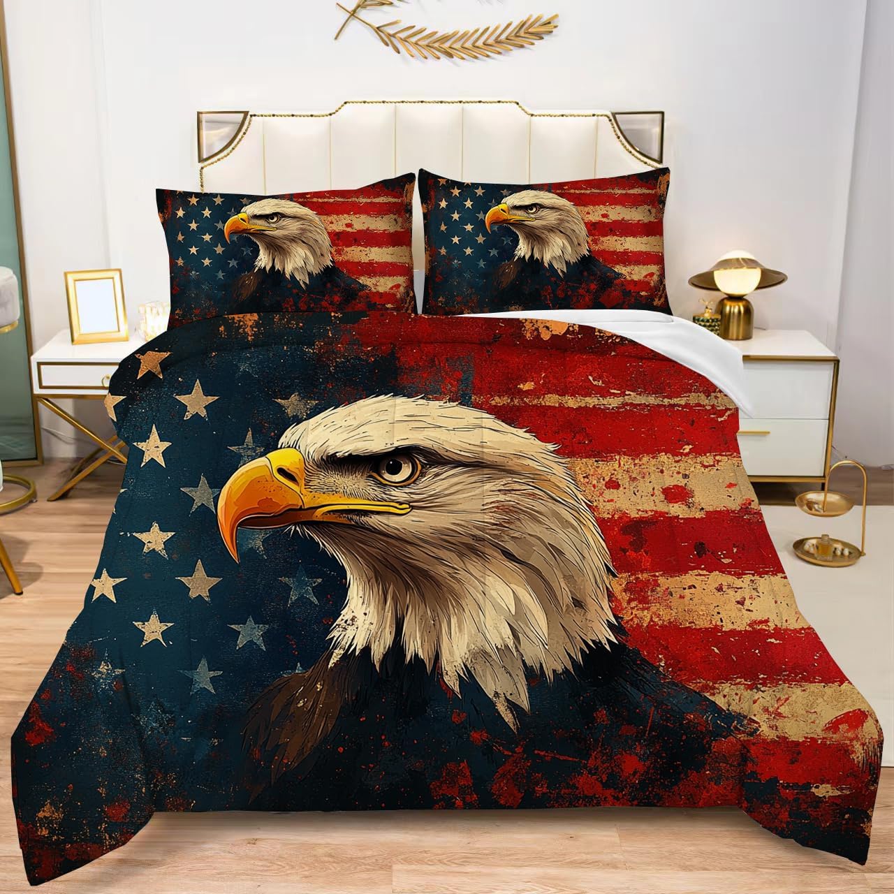 Albideyaa American Flag Comforter Set Full Size American Flag with Bald Eagle's Head in Center 3D Print Bedding Set Fashion Soft Kids Adult Bedroom Quilt Set with 2Pillowcases