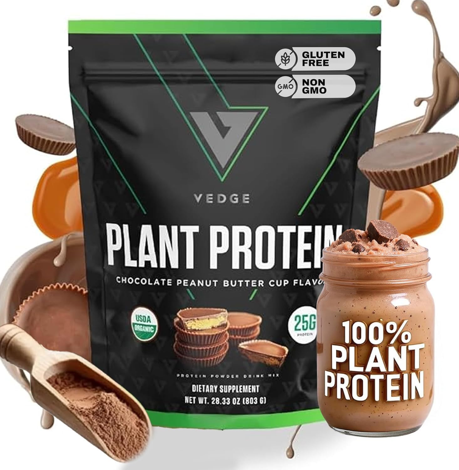 VEDGE Vegan Protein Powder - Plant Protein Powder with Pea, Pumpkin & Sunflower - USDA Organic, Amino Acids, Dairy Free, Gluten Free, Soy Free, Keto, Non GMO - Peanut Butter Cup - 20 Servings