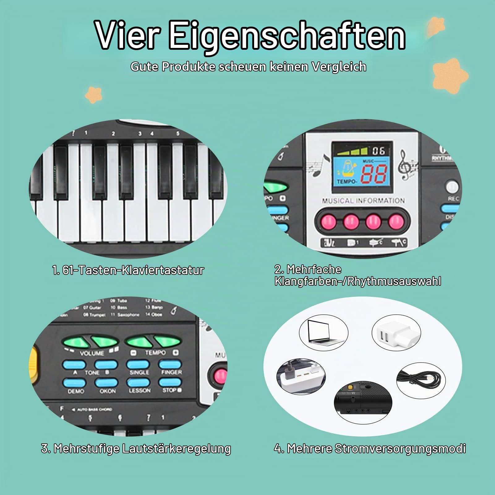 61 Tasten Mini Elektronisches Keyboard Schwarz | Tragbares Kinder Klavier Mit Mikrofon, 16 Klangfarben 6 Rhythmen Lernfunktion Aufnahme USB Stromversorgung Für Anfänger