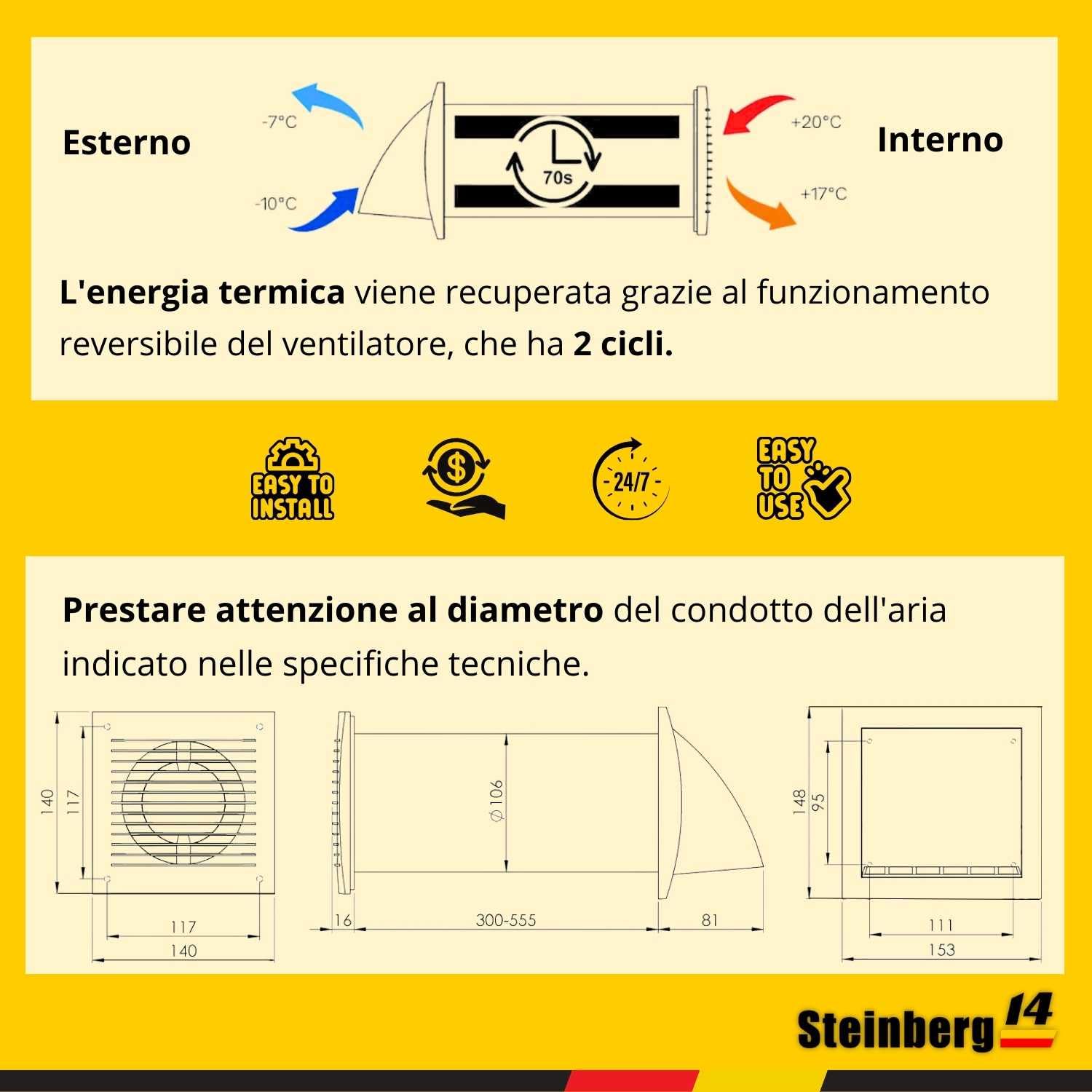 Steinberg14 Unità di VMC Decentralizzata 100 mm - Bianco Recuperatore di Calore con Interruttore - VMC Doppio Flusso Recupero Calore - Scambiatore Aria a Parete