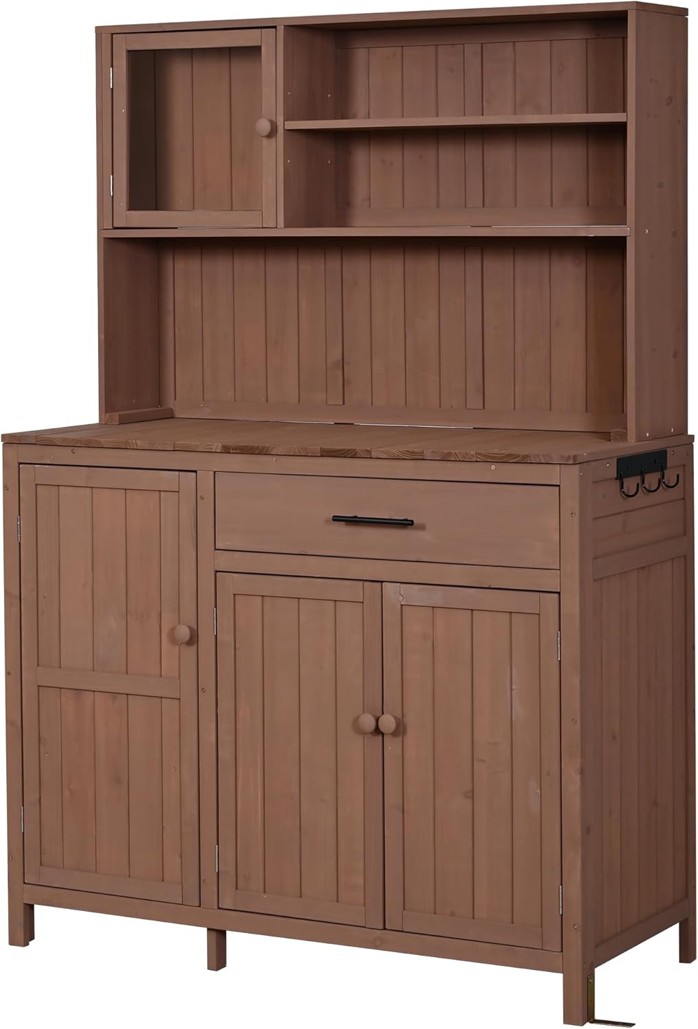 Outdoor Potting Bench Table with Hutch, 65''H Solid Fir Wood Garden Workstation with Large Countertop,Drawer, Cabinets and Adjustable Shelves, Brown