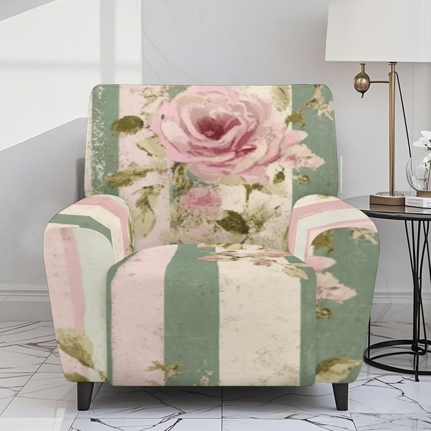 Pink Green Stripe Rose Recliner Chair Covers Lazy Boy Recliner Covers Stretch Couch Cover Slipcovers 4 Piece Furniture Protector with Elastic Bottom for Living Room Decor