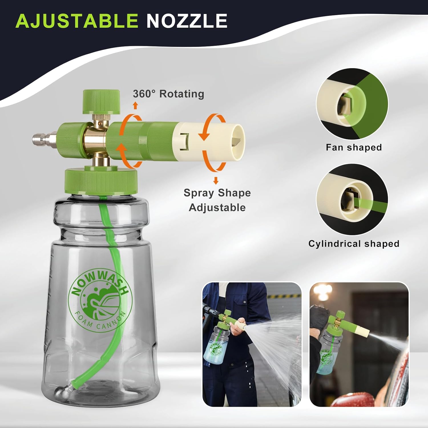 Foam Cannon with Foam Economizer for Pressure Washer, Soap Cannon with 1/4" Quick Connect & Adjustable Nozzle for Car Wash Fit Most Liquid Bottles, Additional 1.1 mm Orifice Nozzle (Green)