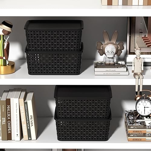 Miniatura 6 de Begale Paquete de 6 cestas de almacenamiento de plástico, contenedor de almacenamiento tejido, 3 negros y 3 grises