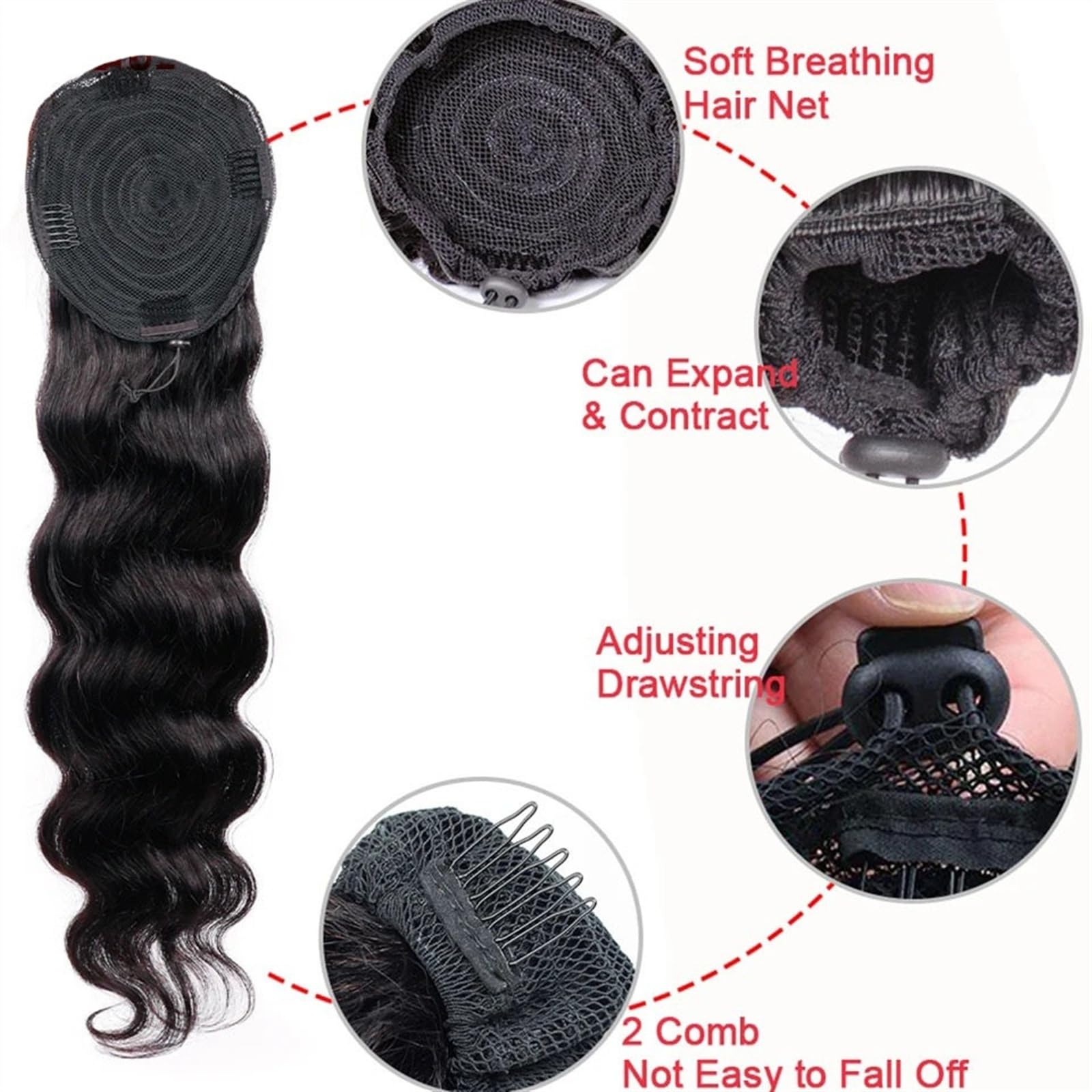 Cola de Caballo Extensiones de cola de caballo con clip de cabello humano brasileño ondulado, extensión de cola de caballo con cordón negro natural for mujeres Chica Postizos de Pelo ( Size : 20inches