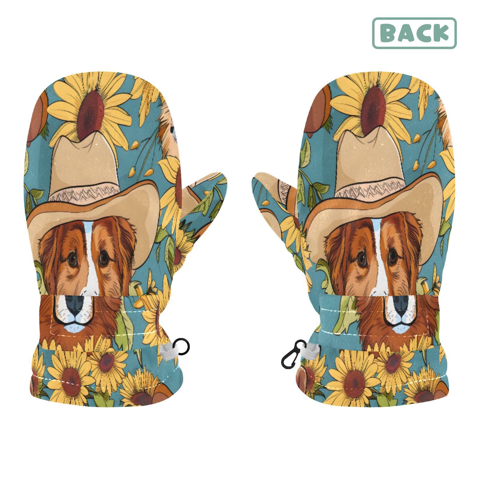 Kid's Winter Gloves Children Warm Gloves Cowboy Hat Dog Sunflowers for Boys Girl Age 2-4 Years
